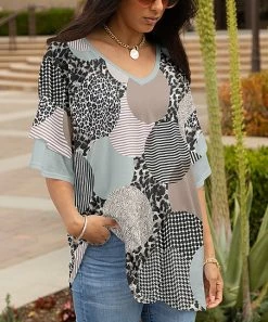 Lily | Black & Gray Multi-Print Circles Layered-Sleeve V-Veck Tunic - Women