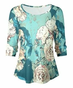 Lily | Teal & Cream Floral Flare-Hem Long-Sleeve Top - Plus