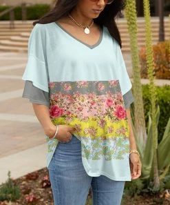 Lily | Aqua & Rose Floral Patchwork Ruffle-Sleeve Tunic - Women