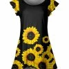 Lily | Black & Yellow Sunflower Flutter-Sleeve Tunic - Women