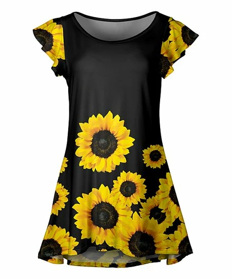 Lily | Black & Yellow Sunflower Flutter-Sleeve Tunic - Women 1 Lily | Black & Yellow Sunflower Flutter-Sleeve Tunic - Women