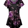 Lily | Black & Purple Floral Curved-Hem Flutter-Sleeve V-Neck Tunic - Plus