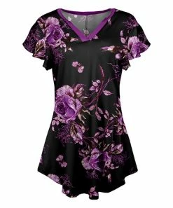 Lily | Black & Purple Floral Curved-Hem Flutter-Sleeve V-Neck Tunic - Plus