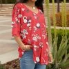 Lily | Red & White Floral Ruffle-Sleeve Tunic - Women