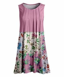 Lily | Pink & Green Floral Patchwork Pleated Sleeveless Tunic - Women