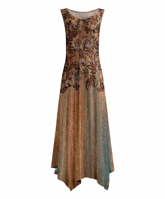Lily | Brown & Teal Floral Handkerchief-Hem Sleeveless Maxi Dress - Plus 2 Lily | Brown & Teal Floral Handkerchief-Hem Sleeveless Maxi Dress - Plus - Image 2