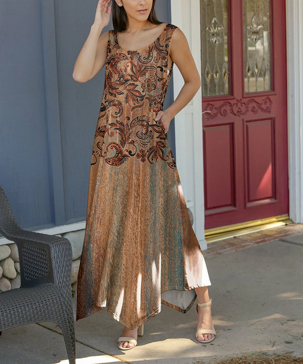 Lily | Brown & Teal Floral Handkerchief-Hem Sleeveless Maxi Dress - Plus 1 Lily | Brown & Teal Floral Handkerchief-Hem Sleeveless Maxi Dress - Plus