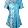 Lily | Turquoise & White Polka Dot Damask Curved-Hem V-Neck Tunic - Plus