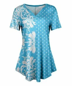 Lily | Turquoise & White Polka Dot Damask Curved-Hem V-Neck Tunic - Plus