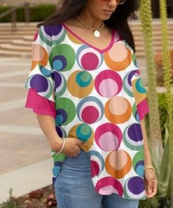 Lily | Pink & Green Geometric Layered Half-Sleeve V-Neck Tunic - Women