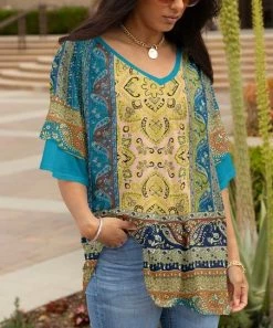 Lily | Teal & Olive Geometric Layered Half-Sleeve V-Neck Tunic - Women