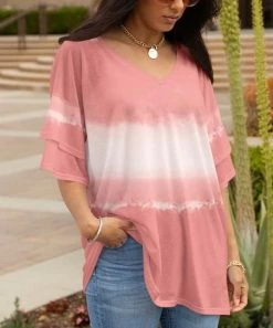 Lily | Rose & White Faded Color Block Layered Half-Sleeve V-Neck Tunic - Plus
