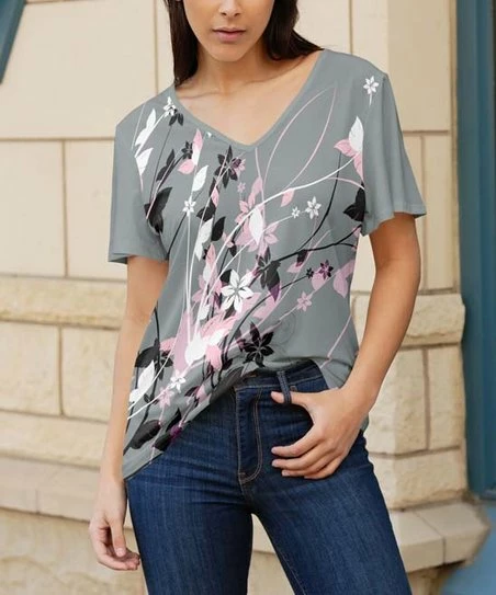 Lily | Gray & Pink Floral Short-Sleeve V-Neck Tunic - Plus 1 Lily | Gray & Pink Floral Short-Sleeve V-Neck Tunic - Plus