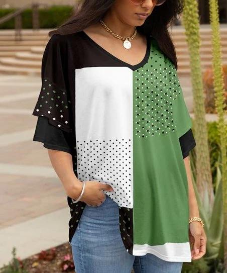 Lily | Black & Green Patchwork Layered Half-Sleeve V-Neck Tunic - Women 1 Lily | Black & Green Patchwork Layered Half-Sleeve V-Neck Tunic - Women