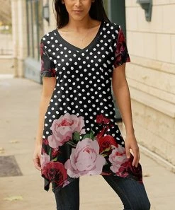 Lily | Black & Red Floral Dot V-Neck Tunic - Plus