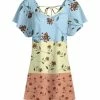 Lily | Aqua & Orange Floral Color Block Flutter-Sleeve Tunic - Plus