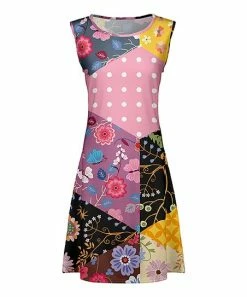 Lily | Pink & Purple Color Block Floral Patterned A-Line Dress - Women