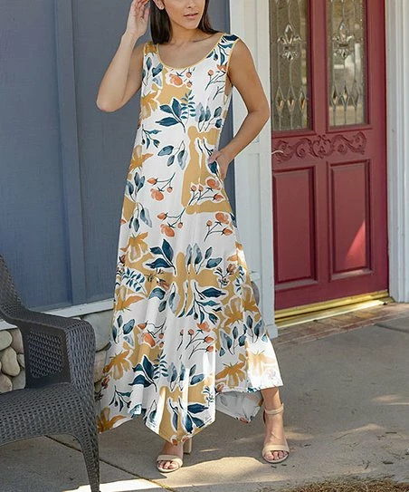 Lily | Beige & Teal Abstract Floral Sleeveless Maxi Dress - Plus 1 Lily | Beige & Teal Abstract Floral Sleeveless Maxi Dress - Plus