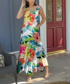 Lily | White Multicolor Floral Sleeveless Handkerchief Maxi Dress - Women