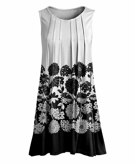 Lily | Black & White Floral Pleated Sleeveless Tunic - Women 1 Lily | Black & White Floral Pleated Sleeveless Tunic - Women