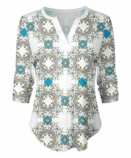 Lily | Blue & White Geometric V-Neck Long-Sleeve Top - Plus 1 Lily | Blue & White Geometric V-Neck Long-Sleeve Top - Plus