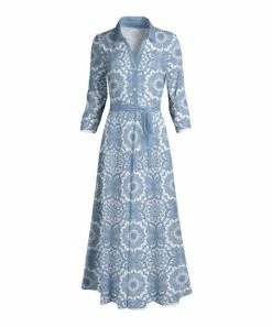 Lily | Blue & White Mandala Belted Maxi Shirt Dress - Women