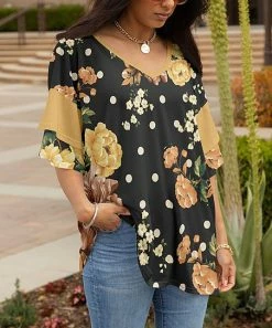 Lily | Black & Gold Floral Ruffle-Sleeve V-Neck Tunic - Plus