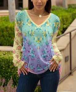 Lily | Yellow & Purple Ombré Floral Long-Sleeve V-Neck Tunic - Women