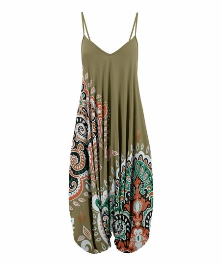 Lily | Green & Taupe Abstract Sleeveless Harem Jumpsuit - Women 1 Lily | Green & Taupe Abstract Sleeveless Harem Jumpsuit - Women