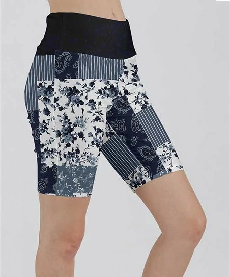 Lily | Navy & White Floral Patchwork Bike Shorts - Plus 1 Lily | Navy & White Floral Patchwork Bike Shorts - Plus