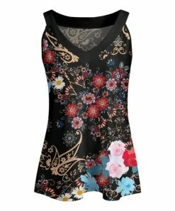 Lily | Black & Red Floral Paisley Flare V-Neck Tank - Plus
