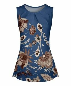 Lily | Blue & Mocha Floral Pleated Crewneck Tank - Plus
