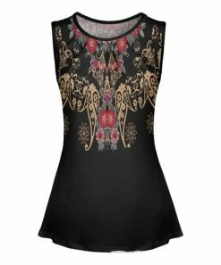 Lily | Black & Beige Floral Paisley Pleated Crewneck Tank - Women