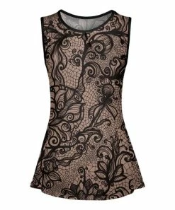 Lily | Black & Mocha Scrollwork Pleated Crewneck Tank - Women