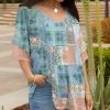 Lily | Aqua & Beige Plaid Patchwork Oversize Short-Sleeve Tunic - Plus