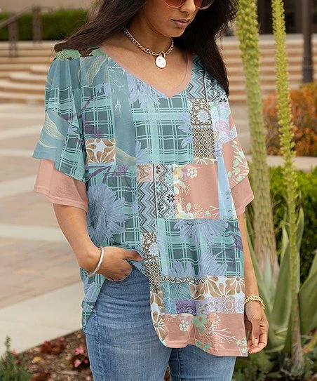 Lily | Aqua & Beige Plaid Patchwork Oversize Short-Sleeve Tunic - Plus 1 Lily | Aqua & Beige Plaid Patchwork Oversize Short-Sleeve Tunic - Plus