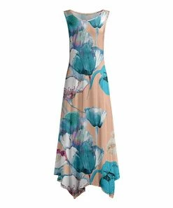 Lily | Beige & Teal Floral Sleeveless Handkerchief Maxi Dress - Women