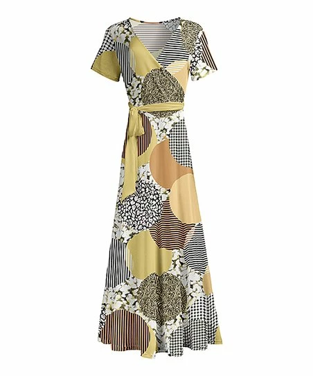 Lily | Yellow & Black Abstract Circle Tie-Waist Surplice Maxi Dress - Women 1 Lily | Yellow & Black Abstract Circle Tie-Waist Surplice Maxi Dress - Women