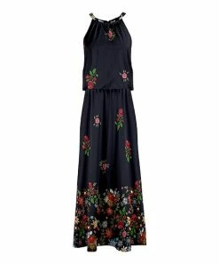 Lily | Navy & Red Floral Gathered-Neck Blouson Maxi Dress - Women