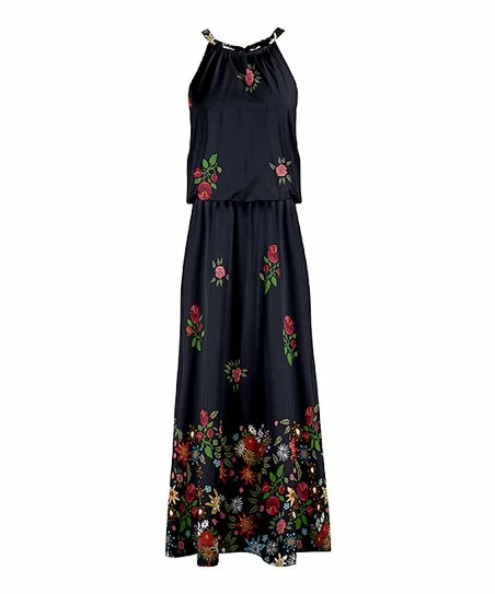 Lily | Navy & Red Floral Gathered-Neck Blouson Maxi Dress - Women 1 Lily | Navy & Red Floral Gathered-Neck Blouson Maxi Dress - Women