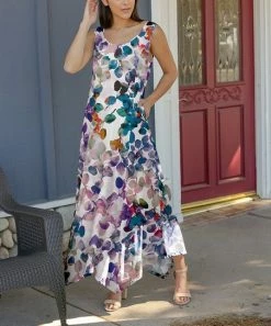 Lily | Purple & Teal Floral Round-Neck Sleeveless Pocket Maxi Dress - Plus
