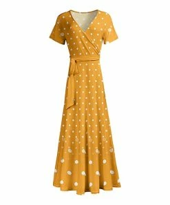Lily | Gold & White Dot Tied V-Neck Short-Sleeve Maxi Dress - Women