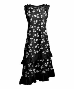 Lily | Black & White Floral Ruffle-Accent Asymmetrical Hem Dress - Women