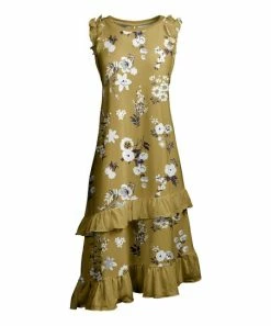 Lily | Brown & White Floral Ruffle-Accent Asymmetrical Hem Dress - Plus