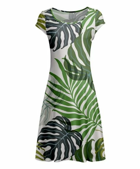 Lily | White & Green Tropical Leaf Cap-Sleeve Dress - Women 1 Lily | White & Green Tropical Leaf Cap-Sleeve Dress - Women