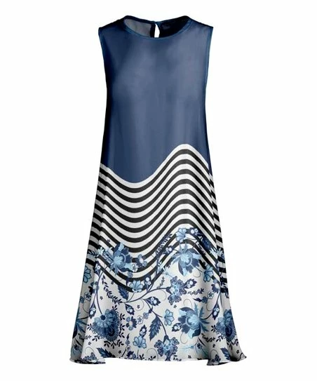 Lily | Blue & White Wavy Stripe Keyhole-Back Sleeveless Shift Dress - Plus 1 Lily | Blue & White Wavy Stripe Keyhole-Back Sleeveless Shift Dress - Plus