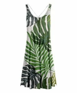 Lily | Green & White Tropical Leaf Scoop Neck Sleeveless Dress