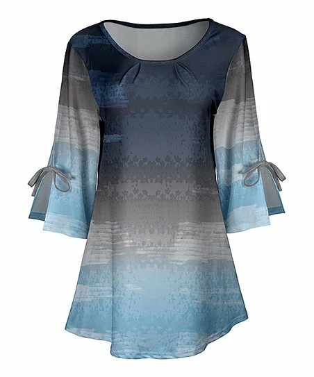 Lily | Blue & Gray Ombré Bow-Accent Scoop Neck Tunic - Plus 1 Lily | Blue & Gray Ombré Bow-Accent Scoop Neck Tunic - Plus