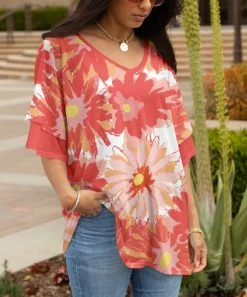 Lily | Coral & Peach Floral Layered Half-Sleeve V-Neck Tunic - Women