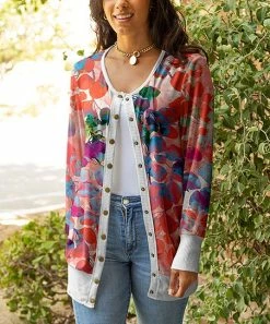 Lily | Red & Blue Floral Button-Up Cardigan - Women